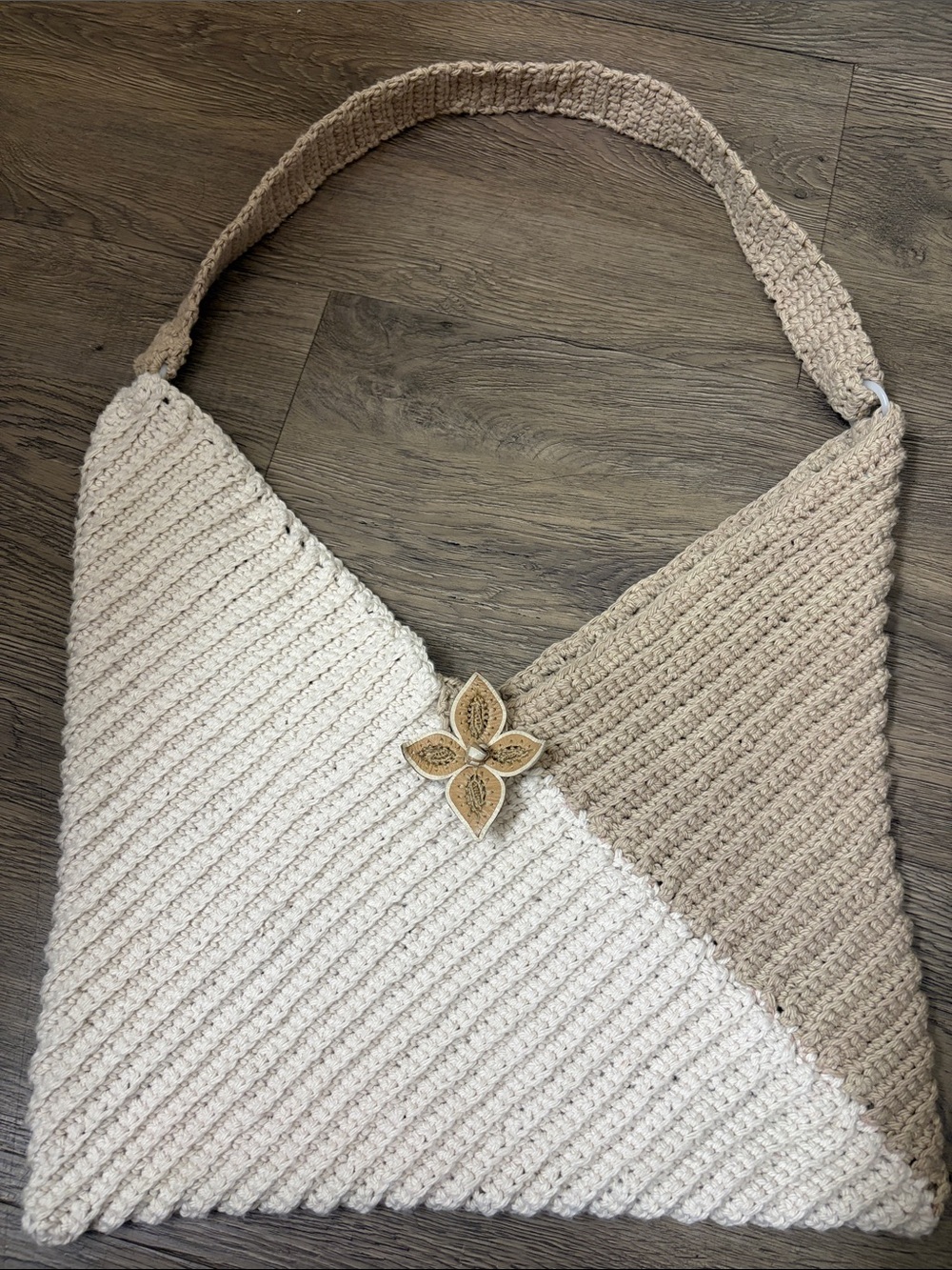 Neutral Two-Tone Crochet Shoulder Bag in Cream and Tan